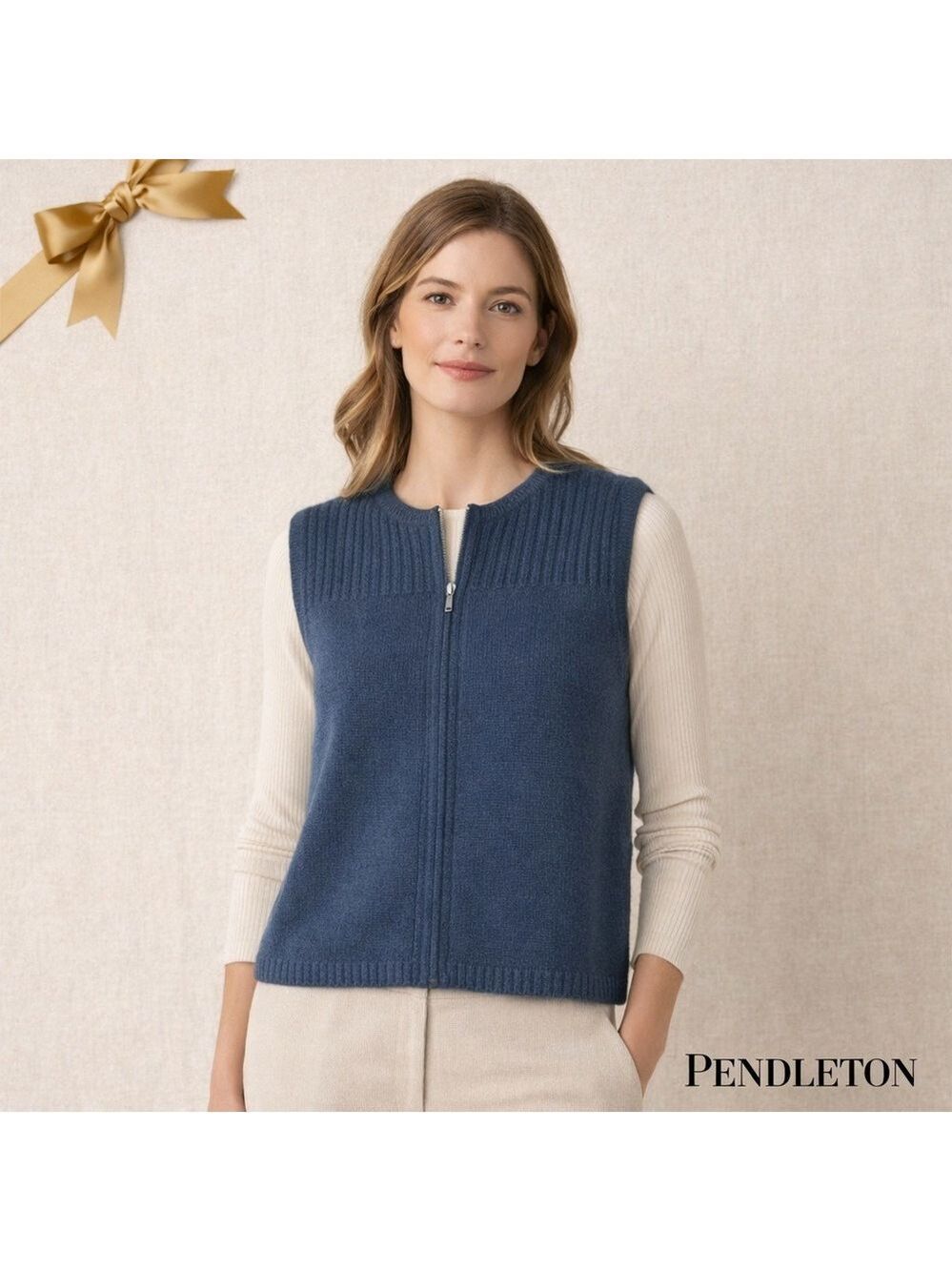 Pendleton Originals Navy 100% Lambswool Zip Front Cropped Vest Medium